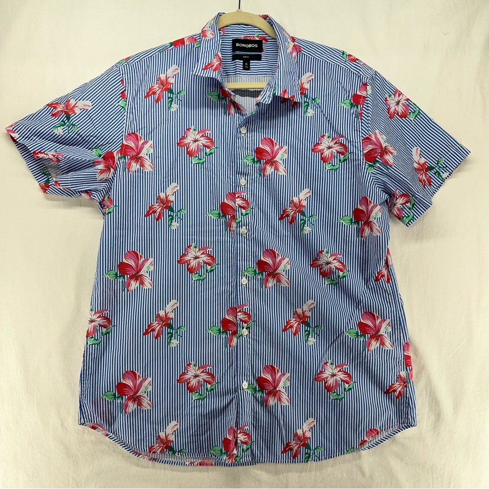 Bonobos Hibiscus Flower Hawaiian Striped Button Up Short Sleeve Shirt‎ XL Slim